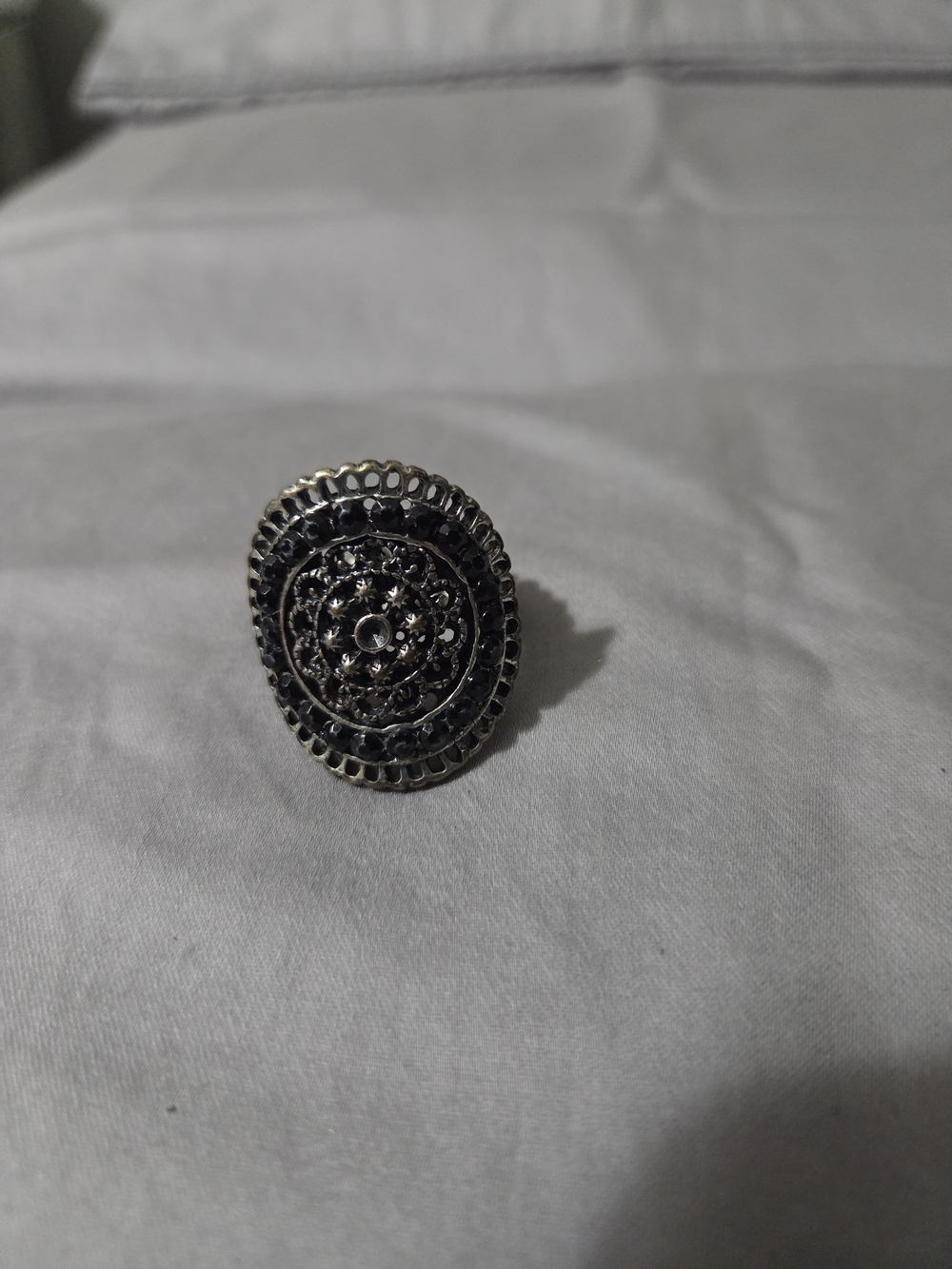 Silver-Tone Filigree Round Statement Ring - Black Accent